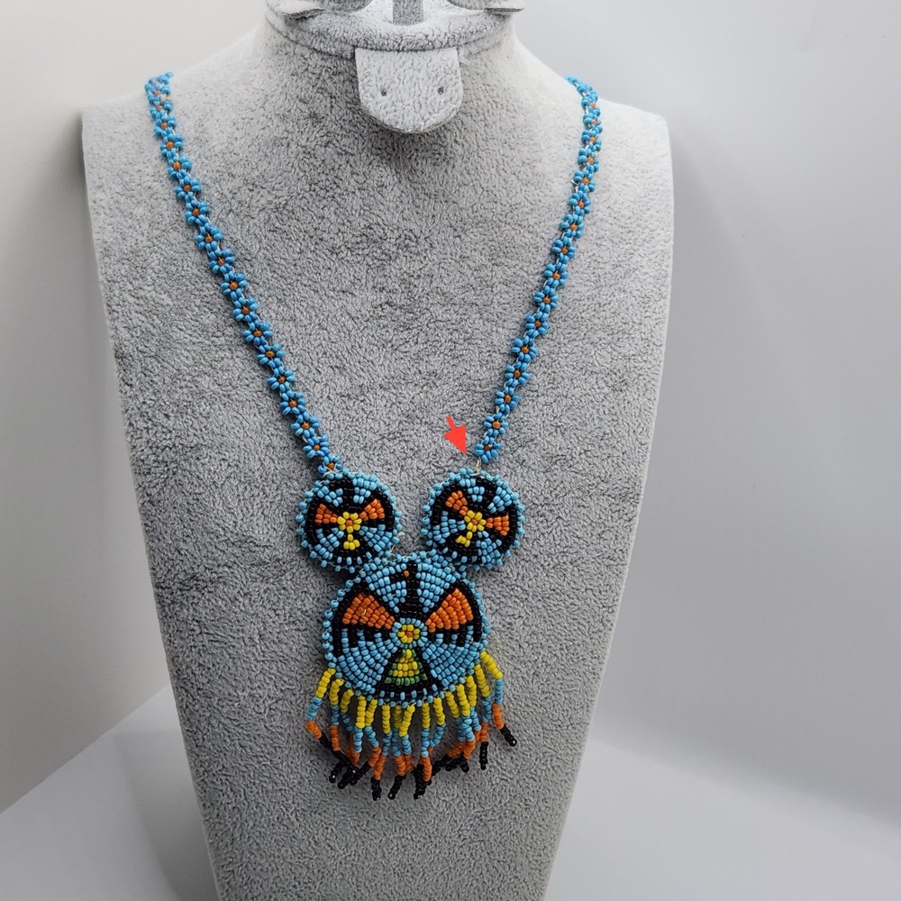 Native‎ Handmade Beaded Bird Necklace Folk Art Seed Bead Boho Fringed Blue - Picture 2 of 6